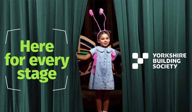 Girl peering through theatre curtains, with caption that says 'Here for every stage' and Yorkshire Building Society logo 