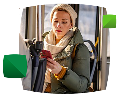 woman on bus with phone